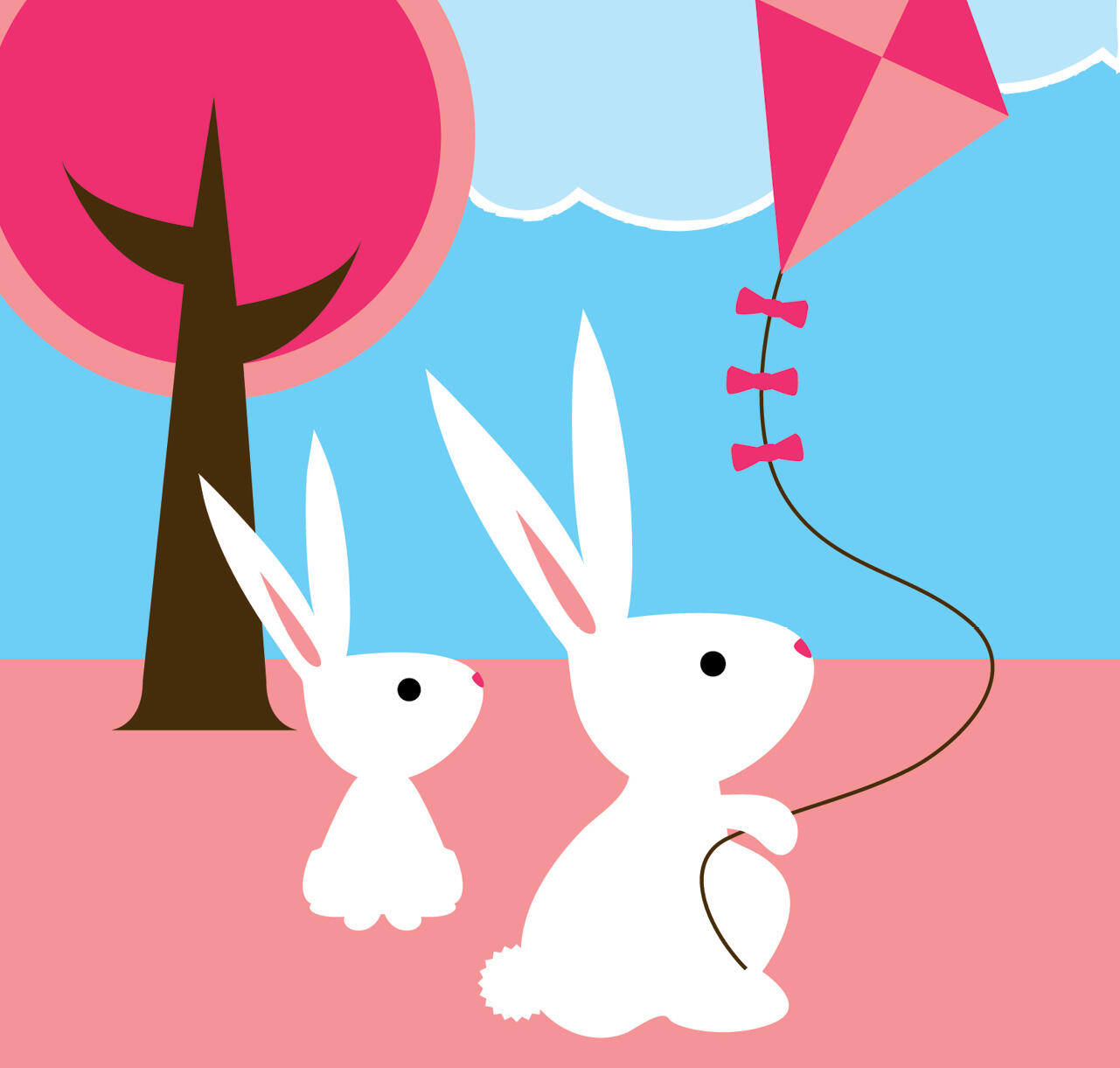 Illustration of two rabbits flying a kite